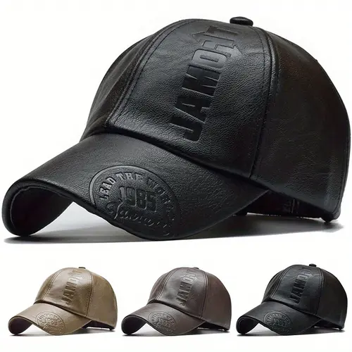 Men 1985 Letter Print Pu Leather Baseball Cap Retro Curved Brim Sun Hat Outdoor Sport Adjustable Sunscreen Leisure Hat Spring Autumn Travel Tourism Beach Vacation