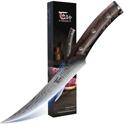 [Auction] SYOKAMI 6.5 in High Carbon Razor Sharp Curved Boning Knife - Rivet-Solid Wood Handle, 4-Fold Security, 20° Flex Control, Gear Teeth, 0.43 in Table Lift, for Meat Cutting Fish Filleting, Exquisite Box, Ideal Christmas Thanksgiving Gifts