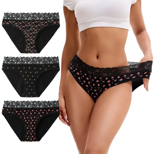 INNERSY Women's Cotton Period Underwear, High-Waist Briefs with Lace Waistband, Stretchy Spandex for Light Flow, Pairs with Pads, 3-Pack, Fabric, Hip, Cotton Underwear Medium Panties