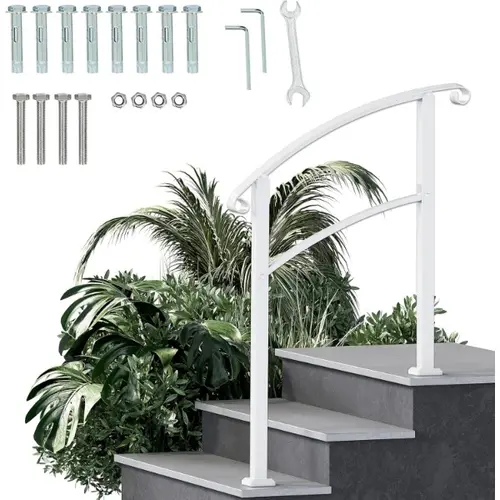 3FT Adjustable Outdoor Step Hand Rail, White Powder Coated Heavy Duty, Compatible with 2-3 Steps, Premium Steel Resists Daily Wear, Waterproof Stands Up to Rain, Waterproof Steel Stands Up To Rain