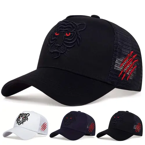 Unisex Tiger Head Embroidery Snapback Baseball Cap Mesh Hat Outdoor Sport Adjustable Sunscreen Leisure Hat Spring Autumn Travel Tourism Beach Vacation