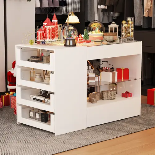 FUFU&GAGA Bedroom Island Wardrobe with Glass Tabletop, Drawer Storage Dresser, Clothing Storage Cabinets, Modern Cupboards for Apartment Furniture