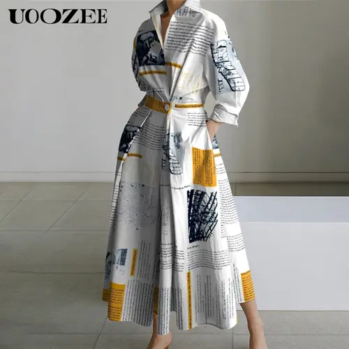 UOOZEE Women's Longsleeves Collared Newspaper Print Pleated Midi Shirt Dress - Loose Fit, Tied Waist, Random Print Fun, Non-Positioning Reverse Design, Modest Charm, Pleated Movement, All-Season Casual Wear, Casual Dresses
