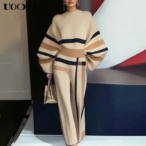 UOOZEE Women's Fashion Loose Striped Knit 2-Piece Set - Comfortable Longsleeves Sweater Top & Wide Leg Pants, Round Neck Pullover for Everyday Wear