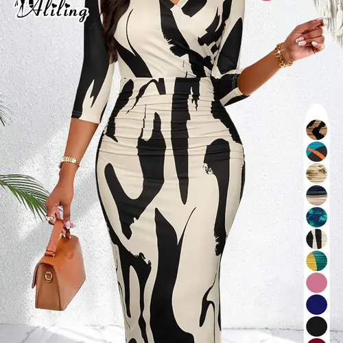 Aliling Women's Christmas Dress Spring & Fall Thin Lightweight Polyester Elegant Formal Midi V-Neck Half Sleeve Geometric Print Ruched Slim-Fitting Dress Garment
