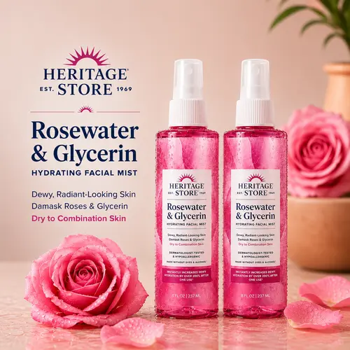 HERITAGE STORE Rosewater & Glycerin Hydrating Face Mist Bottle - 8 fl oz, Dream Face Glow Up for Dry Skin, Makeup Prep for Dewy Natural Look, Selfcare Moisturizing Boost