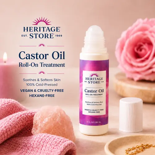 Heritage Cold-Pressed Organic Castor Oil Roll-On - Cosmetics Oil for Spot Treatment - Selfcare, TSA-Safe Travel-Friendly Eyelash-Brow Moisturizer