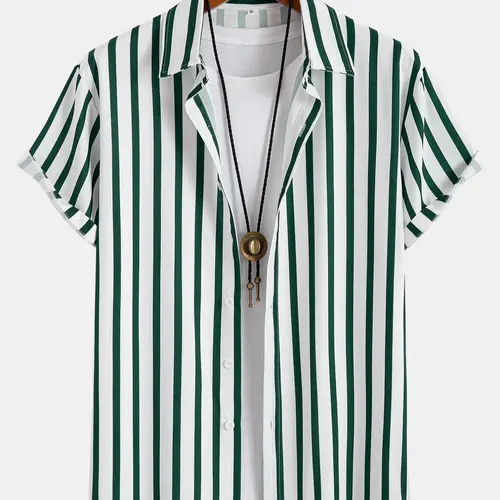 Men's Striped Print Short Sleeve Shirt, Casual Shortsleeve Button Front Top for Summer, Masculine Fashion Men's Clothes for Daily Wear, Tropical Menswear