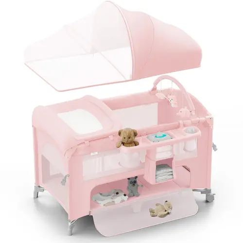BabyBond 5-in-1 Foldable Baby Crib - Baby Furniture, Beds Mattress Included, Fabric PP Floor Bedside Sleeper, Large Playard with Storage Basket, Mosquito Net, Height-Adjustable Pink Nursery Item, Ideal Christmas Gift