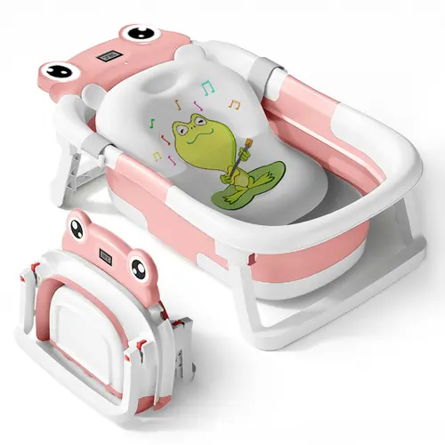 BabyBond Collapsible PP+TPE Bathtub - Folds Flat, for Newborns & Toddlers, with Real-Time Temp Monitor, Soft Cushion, Drainage Hole, Practical, Hygienic Baby Bath Set, Baby Shower Gift, Mother’s Day Gift