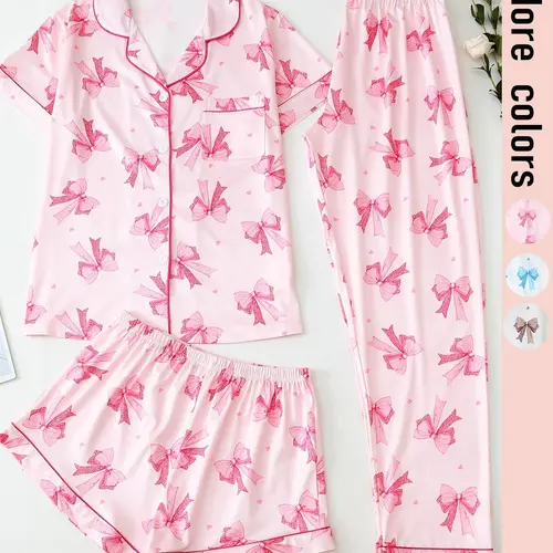 Women's Bow Print Pajama Set, All Over Print Top & Shorts & Pants PJ Set, Casual Comfy Loungewear Nightwear Pyjama Set for Women Sleepwear Pajamas Printed Pajama Set