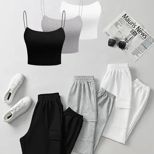 Women's Knit Cami Pants Set, 6-Piece Slim-Fitting Minimalist Casual Set for Spring, Womenswear, All Season Loungewear
