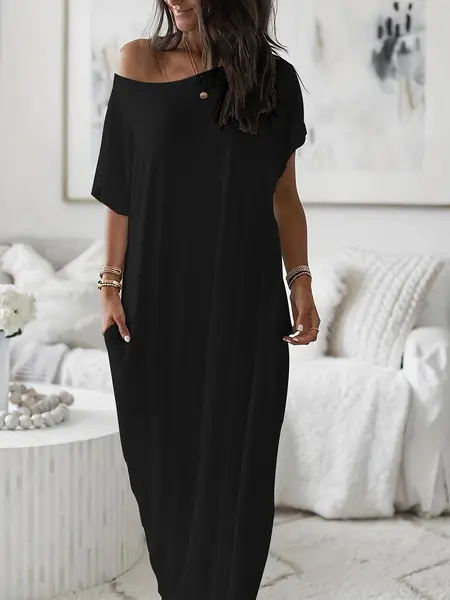 Women's Basic Solid Color Loose Batwing Sleeve Loungewear Dress, Casual Comfy Short Sleeve Nightdress for Daily Wear, Ladies Sleepwear for All Seasons