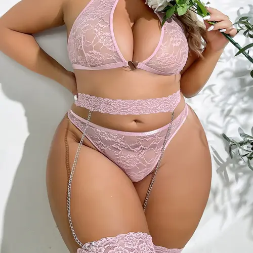 【Plus Size】 Floral Lace Teddy Bodysuit Set, Lingerie Sets, Comfy Breathable Lingerie Top & Thong & Garter Belt & Thigh Ring, Lace Thigh Garters, Women's Underwear Set for All Seasons Womenswear