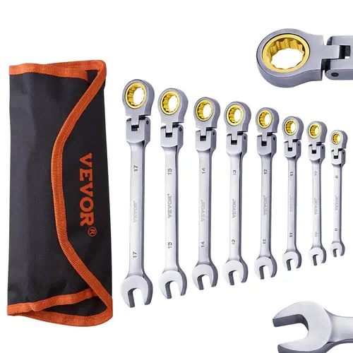 【toolupgrade】VEVOR Flex-Head 72-Tooth Ratcheting Wrench Set, 8 PC Metric Sizes 8 mm-17 mm Millimeters, with Roll-Up Bag for DIY Projects, Hand Tool Combination Set, Adjustable Head