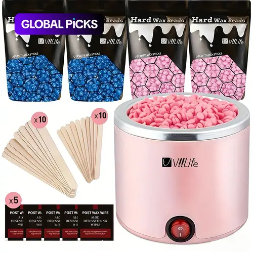 V!!life Waxing Kit 200cc, Includes Heater, 4 Packs Wax Beans, 20 Wooden Sticks, 5 Wet Wipes, Full Body Use, Smooth Skin, Unisex