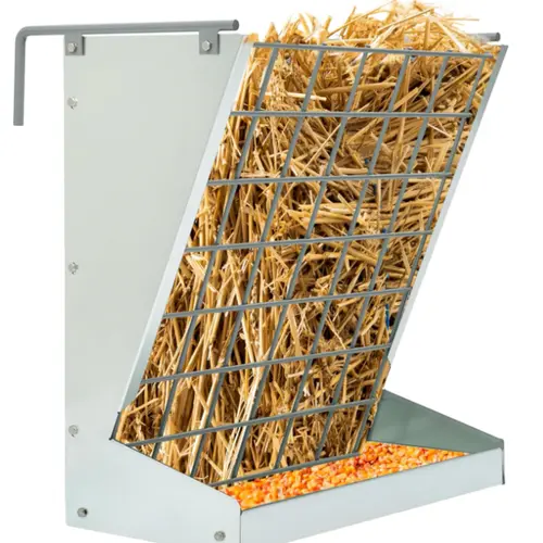 HECASA 2-in-1 Heavy-Duty Galvanized Steel Hay Feeder - Tool-Free Hook-Over Wall Mount, Grain Rack at Base for Farm Livestock Feeding, Keeps Hay Off Muddy Ground, Indoor Outdoor Use, Tool-Free Hook-Over Mount