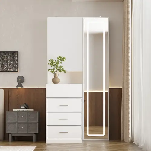 FUFU&GAGA Parents Day's gift  Pink/White/Black Makeup Vanity Desk with Full-length Mirror & 3-Colors Adjustable Lights, 3 Drawers, Sliding Tabletop, Engineered Wood, Generous Storage Capacity