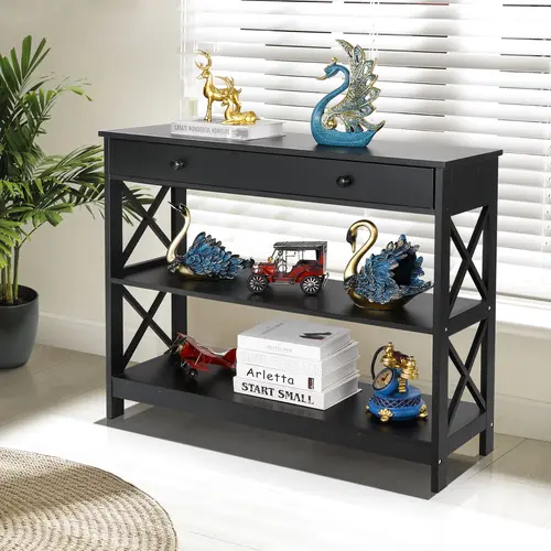 Segawe X-Design Modern Wooden Console Table - 2 Shelves, Storage Drawers, 55lb Capacity, Black Accent Piece for Entryway with Modern Look for Any Room