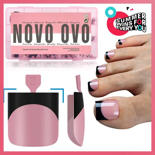 NOVO OVO Halloween Black French Tip Toe Nail Tips Press on, BERRY PINK Sharp Square Pre-Designed Soft Gel False Toenail Extension, Long / Medium Wide Fake Toenails, Full Cover Acrylic for DIY 15 Sizes 240 pcs【DOES NOT INCLUDE: LIGHT, GLUE, BUILDER GEL】