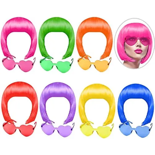 MIAHART 14PCS Synthetic Lightweight Neon Party Wig & Sunglasses Accessories Set - 7 Short Hair Colorful Bob Wigs with Breathable Mesh Caps, 7 Photo-Ready Sunglasses, Durable Polyethylene, Ideal for Parties, Cosplay