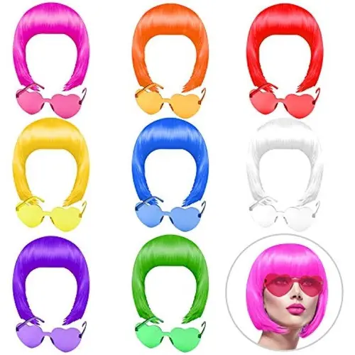 MIAHART 16 Piece Party Wig and Sunglasses Set, Neon Short Bob Wig Sunglasses Set Costume Colorful Cosplay Wig Everyday Party Hair Accessories for Bachelorette Party Neon Party Favors, Halloween and Decorations Masks 8ColorsValentine's Day, gift