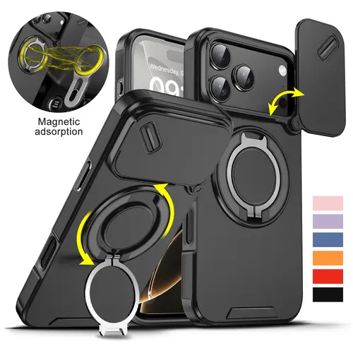 For iPhone 17 16 Pro Max 15 14 13 12 11 Magnetic Ring Stand Case w/Slide Lens Cover 360 Rotated Ring Kickstand Holder Military Grade Shock proof Slide Camera Protective Cover Phone Case