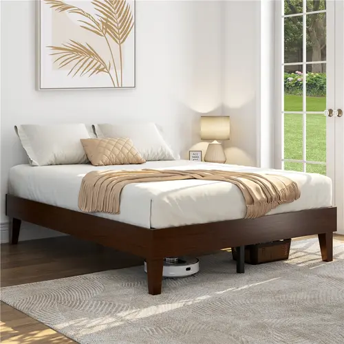 Yaheetech Wood-Metal Platform Bed Frame, Queen/Full Size Bed Frame with Sturdy Slat Support, No Headboard, Underbed Storage Space, No Box Spring Needed, Easy Assembly, Wood Platform Bed,dorm essentials,home decor