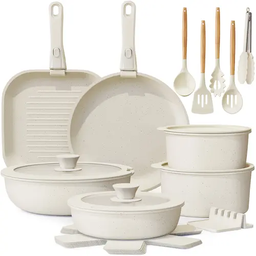 [Official] Astercook 22pcs Detachable Handle Nonstick Cookware Set- Featuring Frying Pans, Saucepans, Steamer, Silicone Shovel Spoon & Tongs Day gift, Pots And Pans Set, Kitchen Supplies, 21 Pieces