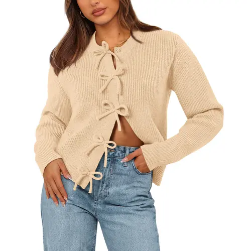 BTFBM Cardigan Sweaters for Women Trendy 2026 Fall Open Front Long Sleeve Button Down Bow Knot Cropped Lady Jacket