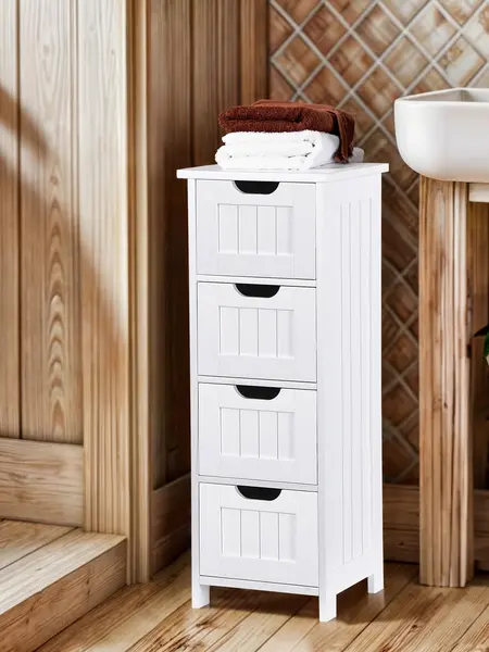Segawe 4-Drawer Wooden Bathroom Floor Cabinet - Aesthetic Side Storage Cupboard, Space Saving Furniture, Household Storage Organizer, Bathroom Decor Accessory