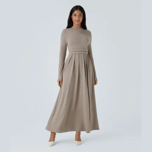 Halara Stand Collar Long Sleeve Side Pocket Flare Maxi Casual Dress