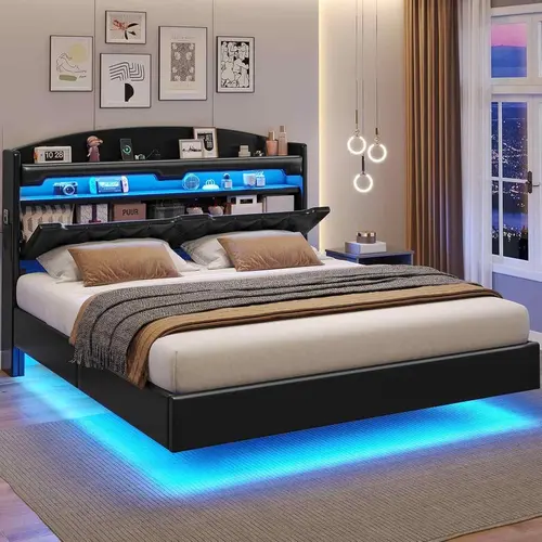 Sikaic Floating Bed Frame Queen Size with Charging Station, Headboard with Secret Storage Cubby, RGB Floating Bed, No Box Spring Needed, PU Black, Home Furniture Christmas Gifts [SohoChic]