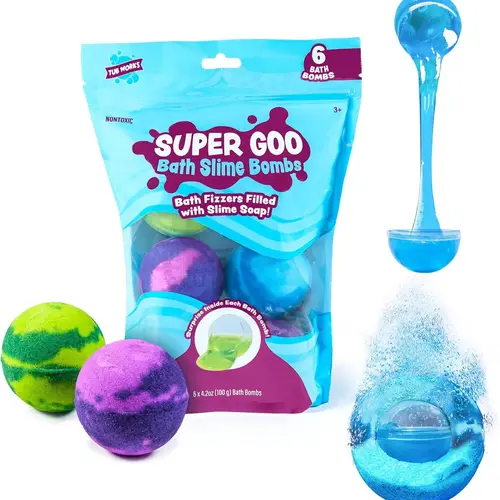 Tub Works Super Goo Slime Bath Surprise Solid Bomb 6-Pack - Non-Toxic, Kid-Friendly Bath Cleanser with Stretchy Squishy Slime Surprise Inside, Grape-Fruity, Mess-Free, Colorful Experience Sensory Product for Kids