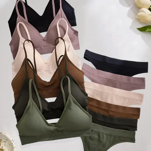 Women's Seamless Spaghetti Strap Wireless Non Underwire Bra Set, Breathable Full Coverage Lingerie, Casual Minimalist Plain Design, Medium Support, All Seasons Essential, Underwear