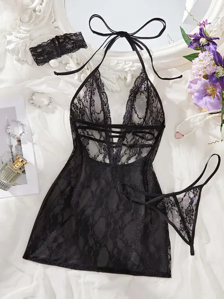 Women's Sexy Elegant Strapless Lace Nightgown Set, Romantic Healing Style, Semi-Transparent Fabric, Suitable for All Seasons