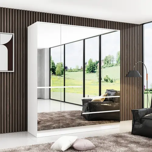 FUFU&GAGA Type 3 Modern Wooden Armoire Wardrobe Closet with Mirror Doors, Full-Length Glass Mirrors, 2 Smooth Sliding Drawers, Hanging Rod, MDF+Glass Build, 15kg Capacity, Stable Bedroom Storage, Closet Organizer Cabinet, Requires Assembly