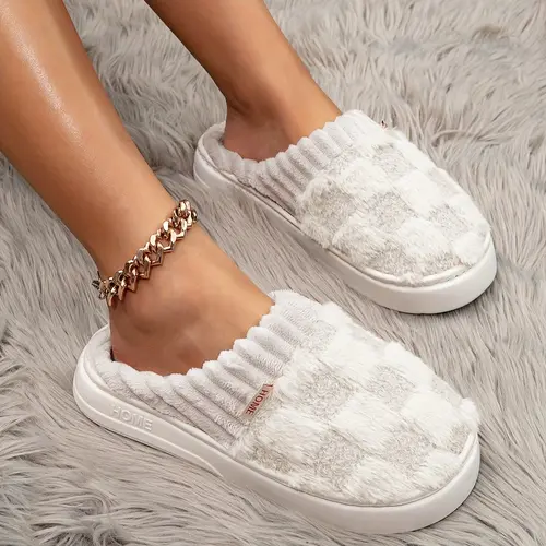 Women's Checkered Fuzzy Warm Closed-Toe Home Slippers - Soft Sole Plush Cotton Footwear for Winter Bedroom Use, Women's Shoes, Fuzzy Warm Slippers