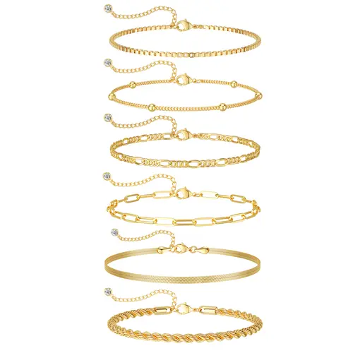 TEWIKY Women's 6Pcs Hypoallergenic Gold Beaded Waterproof Bracelets-Bangles Set - Adjustable Trendy Jewelry, Stackable Tennis Figaro Herringbone Paperclip Link Arm Candy Accessories, Gift for Women