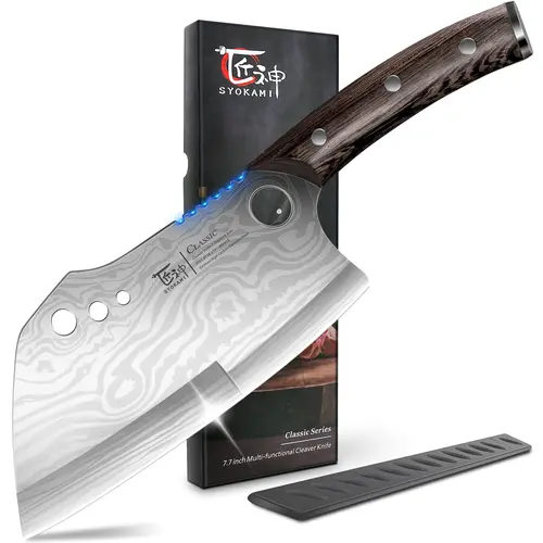 #sohochic SYOKAMI 7.7in Stainless Steel Kitchen Meat Cleaver Knife with Sheath, 3-hole Herb Strip, Stable Gear Teeth Grip, Full Tang Wood Handle, Heavy-Duty Multifunction Bone-Chopping Butcher Knife, Christmas Gift