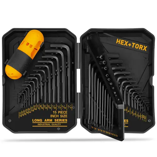 ELEAD 41pc Hex + Torx Key Allen Wrench Tool Kit Set, CR-V Chrome Vanadium Steel Heat-Treated High Leverage Torque Handle, Rust-Resist Finish, 0.028-3/8in SAE, 0.7mm-10mm Metric, T9-T50 Torx, DIY Maintenance Use, Storage Case, Rustresist Finish