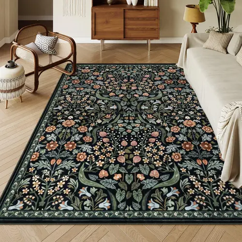 Lahome Floral Washable Rug, Large Rugs for Living Room, Soft Boho Bedroom Rugs, Non Slip Botanical Ultra Thin Floor Carpet for Dining Room Nursery