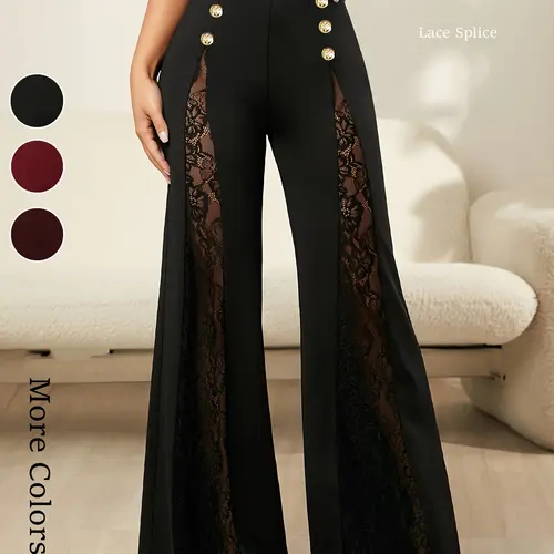 Women's solid color knitted pants, Airy High Waisted, Aesthetic, Elegant, decorated with buttons, semi transparent lace splicing wide leg bell bottoms, suitable for spring/summer, formal/casual, daily outdoor wear