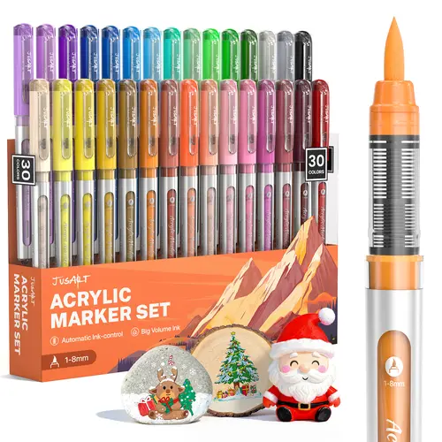 【Back to school shopping】JusArt 30 Colors Flexible Tip Acrylic Marker Set, Waterproof Flexible Tip Acrylic Markers, Premium Paint Pens for Various Surfaces, Acrylic Paint Markers, Markers for Coloring, Art Supplies, Acrylic Marker, Coloring Supplies