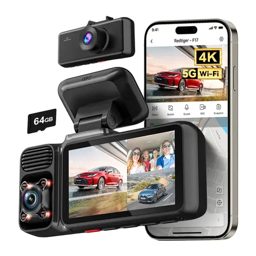 REDTIGER F17 4K 3-Channel Dash Cam with 5GHz WiFi GPS, 64GB Card, 2160P+1080P+1080P, Triple Car Camera, IR Night Vision, Parking Mode, Car rvibes, Car VLOG, Summervibes-Holiday Haul, Fathersdaygift