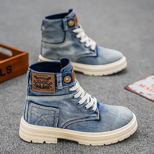 Men's Fashionable Denim Design Lace Up Boots, Casual Comfortable Ankle Boots for Daily Wear, Male All-match Round Toe Shoes for Daily Wear, Blue Boots, Ankle Bootie