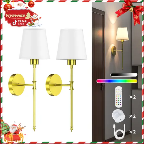 Viyawise Battery Operated Wireless Wall Sconces Set of 2 - Home Interior LED Lights with Bulbs, Type-C Cables, Remotes, 9-Color Modes, Rechargeable Adjustable Lighting for Bedroom Room Decor, Interior Lights, Led Lights Bedroom
