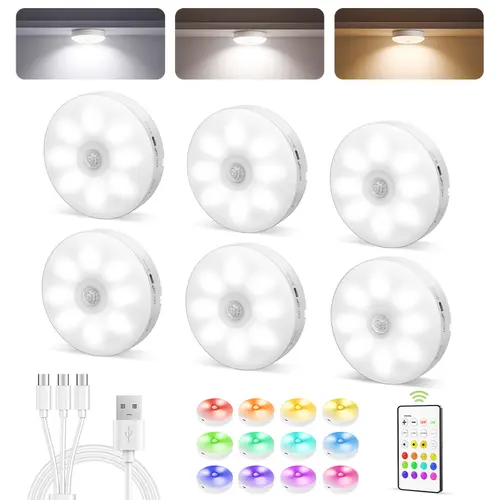 EZVALO Under Cabinet Lighting 1000mAh Rechargeable Puck Lights with Remote 3 Color Temps & 12 RGB Motion Sensor Closet Lights Indoor Dimmable Magnetic Under Counter Lights for Kitchen Shelf Home Decor Energy Saving - Living Room Halloween Decor