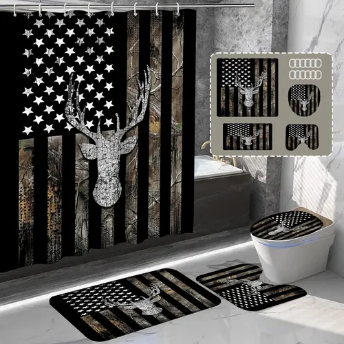 American Flag Elk Shower Curtain Set, Forest Animal Shower Curtain, Rustic Black Bathroom Decor Set,  Party Backdrop, 71 * 71 inches, 12 Plastic Hooks Deer Head Motif Easy To Install
