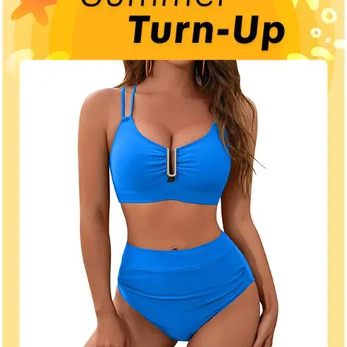 BMJL High Waisted Cutout Crisscross Ruched Womens Modest Tummy Control Two Piece Bikini Sets Full Coverage Swimsuits High Rise Swimwear #SwimWeek #Summervibes